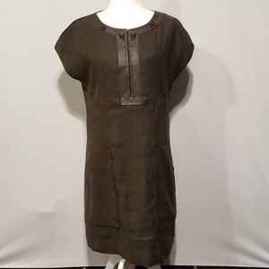 Elie Tahari Leather Trim Linen Cap Sleeve Dress